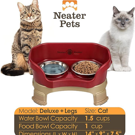 Neater Feeder Deluxe Mess Proof Cat Bowls Elevated for All Breeds – Made in USA – No Spill Raised Cat Bowls for Indoor Cats w/Leg Extensions – Stainless Steel Cat Food and Water Bowl Set - Red