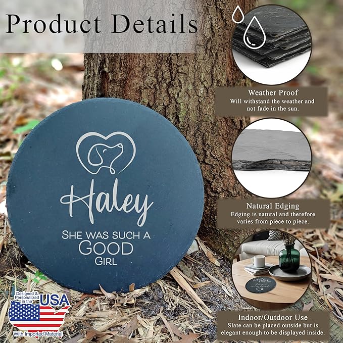 Personalized Pet Memorial Stone for Dogs and Cats | Custom Laser-Etched Weatherproof Garden Grave Marker | Natural Stone Bereavement Headstone Sympathy Gift | 4, 6, 10, or 12 Inch Heart or Circle Shape (A11)