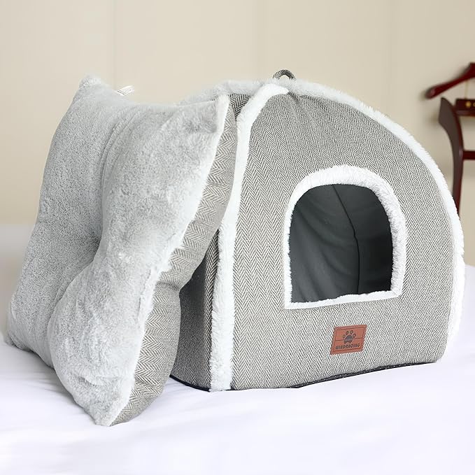 Cat Beds for Indoor Cats-Cat Bed Cave House Tent for Kittens and Small Pets with Washable Cushioned,Soft and Warm Indoor House, Grey, 15 inches