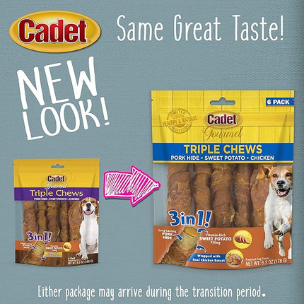 Cadet Gourmet Triple Chews Long-Lasting Pork Hide Sticks with Sweet Potato and Chicken, Healthy Dog Treats for Small & Large Dogs, 6 Count (Pack of 2)