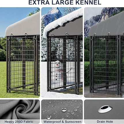 Large Dog Kennel Outside Heavy-Duty Outdoor Dog Cage with Roof and Double Lock - Spacious, Dog Crate for Pets with Feeding, 120"X117"