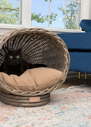 CBD1001A Socket Dome 19.5" x 17" Bohemian Handwoven Rattan Cat Bed with Machine-Washable Cushion, Kubu Gray