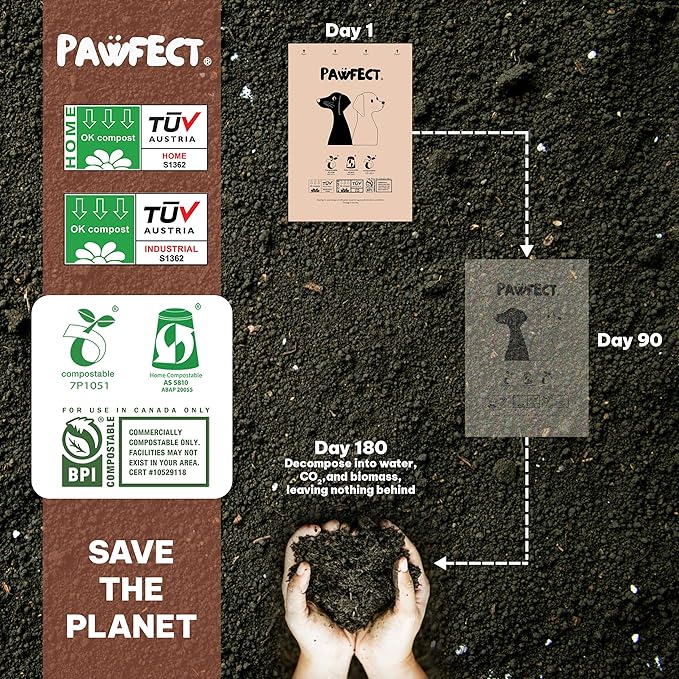 Pawfect Dog Poop Bags Rolls - Biodegradable Doggie Bags, Compostable Dog Waste Bags, BPI Certified Pet Waste Bags, Unscented, Large, Puppy Poo, Earth Friendly, Bolsas de Basura (480 counts)