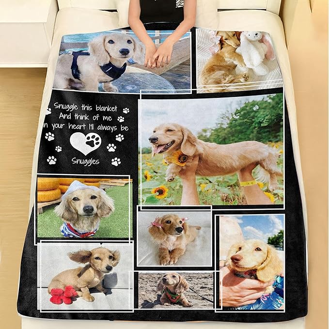 Personalized Dog Photo Blanket, Custom Pet Memorial with Paw Print, Keepsake for Dog Loss Gift