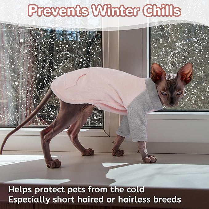 PUMYPOREITY Cozy Cat Sweater with Sleeves, Soft Coral Fleece Cat Clothes, Warm Winter Coat Thick Fleece for Hairless Cats, XL, Pink