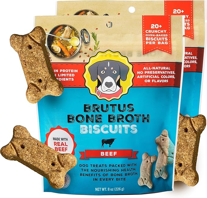 Brutus Bone Broth Biscuits (Beef) - Healthy Dog Treats - Natural Dog Biscuits with Bone Broth and Real Beef for Healthy Joints - 18 Grams of Protein - 8 OZ (Pack of 2)