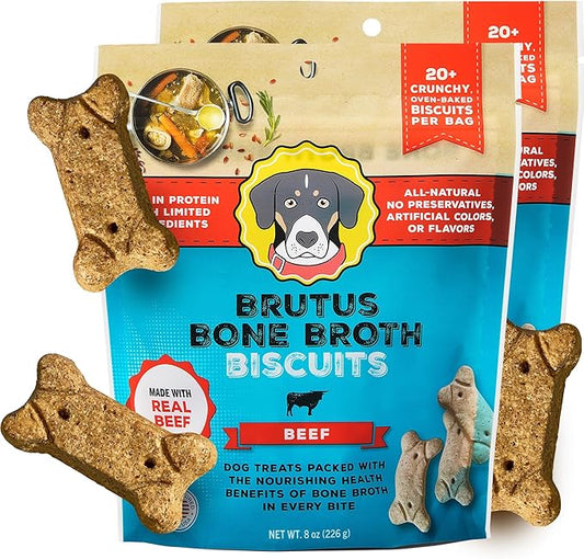 Brutus Bone Broth Biscuits (Beef) - Healthy Dog Treats - Natural Dog Biscuits with Bone Broth and Real Beef for Healthy Joints - 18 Grams of Protein - 8 OZ (Pack of 2)