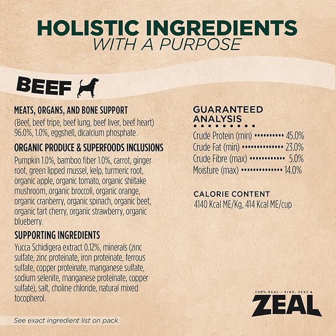 ZEAL Canada Air-Dried Beef Recipe for Dogs - High Protein, Natural Superfoods, Nutrient Rich, No Fillers, Grain Free, Complete & Balanced (Beef, 1 lb)