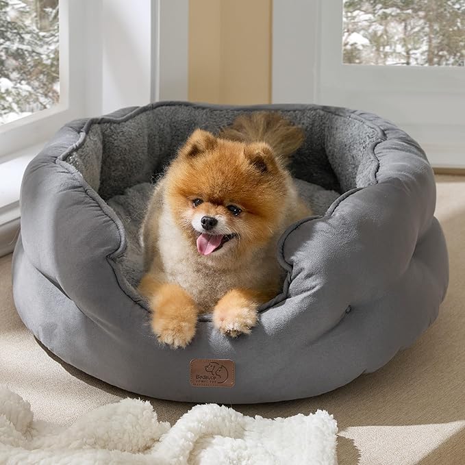 Bedsure Self Warming Dog Beds for Small Dogs - Round Medium Cat Beds for Indoor Cats, Washable Pet Bed for Puppy and Kitten with Slip-Resistant Bottom, 25 Inches, Self Warming Grey