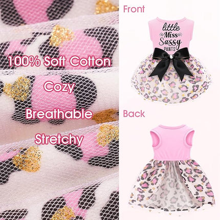 Little Miss Sassy Pants Dog Dress with Leopard Print Bowknot Dog Clothes for Small Medium Large Dogs Girls Boys Cats Outfit Apparel