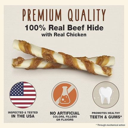 Cadet Gourmet 8-Inch Beef Hide Twist Chew Sticks, Long-Lasting and Natural Rawhide Chews for Dogs, Inspected & Tested in USA, Chicken Flavor, 6 Count