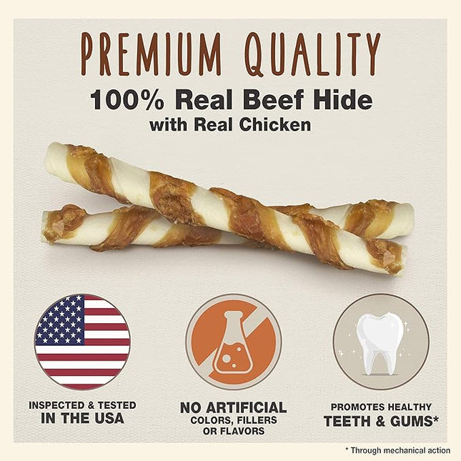 Cadet Gourmet 8-Inch Beef Hide Twist Chew Sticks, Long-Lasting and Natural Rawhide Chews for Dogs, Inspected & Tested in USA, Chicken Flavor, 6 Count