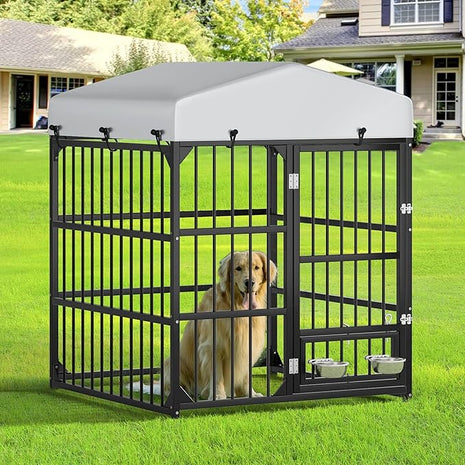 YITAHOME Outdoor Dog Enclosure with Rotating Feeder Bowls, 4'L x 4'W x 5'H Outside Dog Kennel with Roof, Heavy Duty Dog Cage for Small Medium Dogs