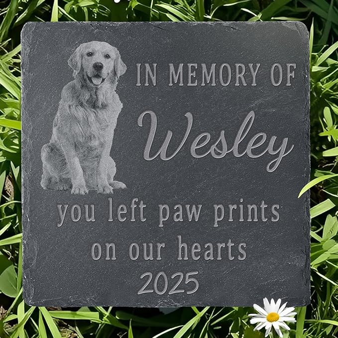 Pet Memorial Stone with Photo, Dog Memorial Gifts for Loss of Dog, Personalized Pet Memorial Gifts, Pet Loss Gift - Paw Prints On Our Hearts（Square）