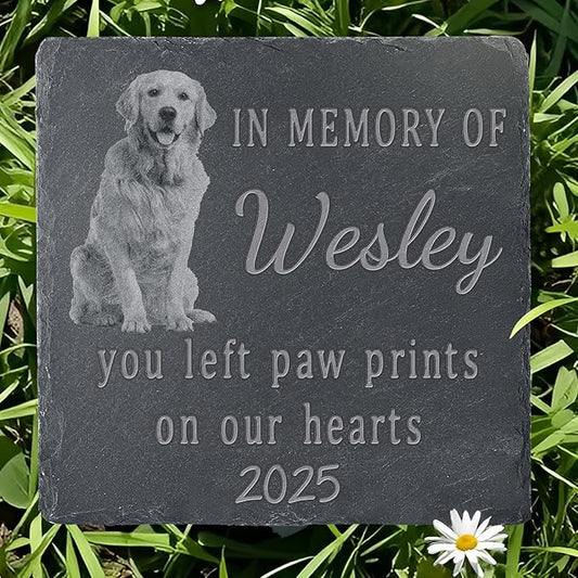 Pet Memorial Stone with Photo, Dog Memorial Gifts for Loss of Dog, Personalized Pet Memorial Gifts, Pet Loss Gift - Paw Prints On Our Hearts（Square）