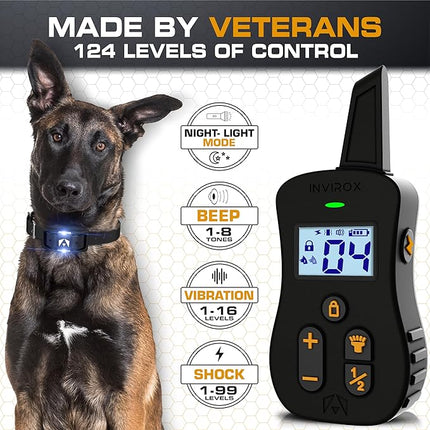 INVIROX Dog Shock Collar [Ultra K9] 124 Training Levels, 4 Powerful Modes with Night-Light and ¾ Mile Range 100% Safe Dog Training Collar for Large Dogs IP67 Waterproof (Double Receiver)