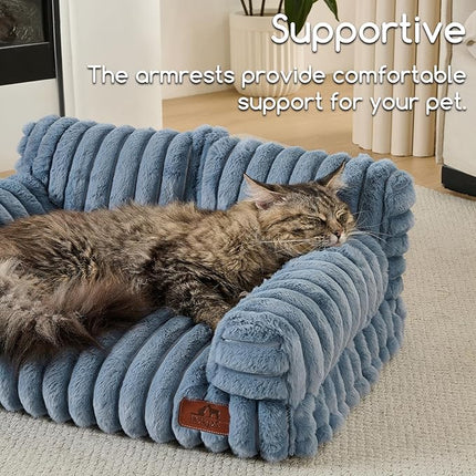 Hollypet Fluffy Plush Pet Cat Couch Soft Calming Pet Sofa Beds for Medium Small Cats and Dogs, Haze Blue
