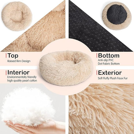 nononfish Puppy Bed for Small Dogs Washable Calming Cat Beds for Indoor Cats Anti-Slip Round Fluffy Plush Faux Fur fits up to 25 lbs Pets,23 inches Beige