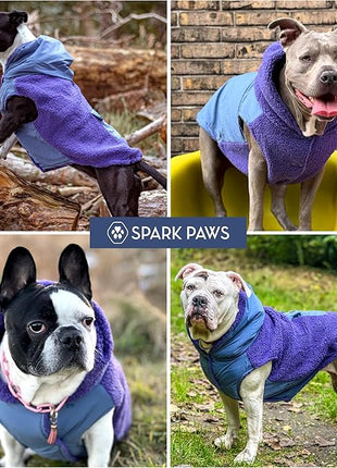 Spark Paws Reversible Fleece Dog Jacket, Hooded Sweater Vest, Warm Coat for Winter - Suitable for Small Medium Large XL XXL Dogs - Purple and Navy Blue - 3XL