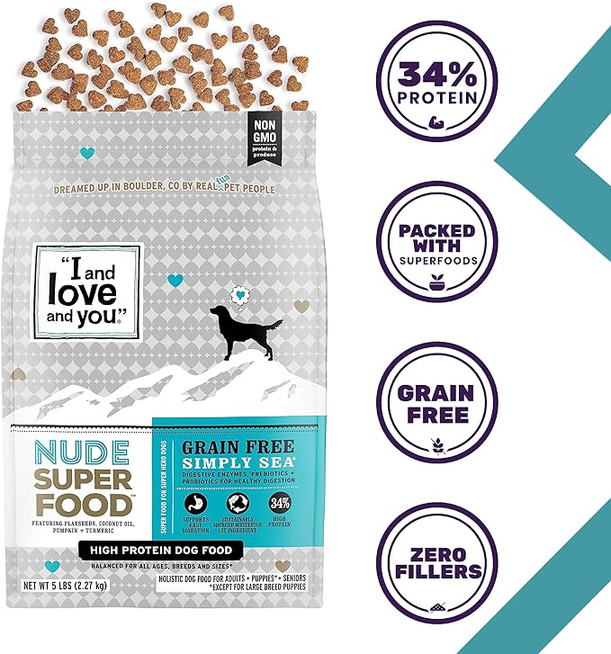 I and love and you Nude Super Food Dry Dog Food - Salmon + Whitefish - Prebiotic + Probiotic, Grain Free, Real Meat, No Fillers, 5lb Bag
