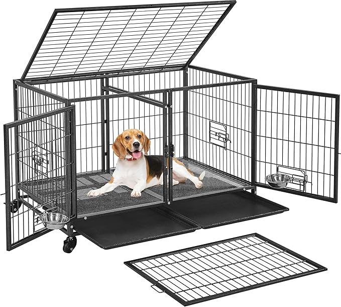 Yaheetech Stackable Dog Crate with Divider 43'' Rolling Heavy Duty Dog Cage with Open Top/ 2 Removable Trays for Small/Medium Dog