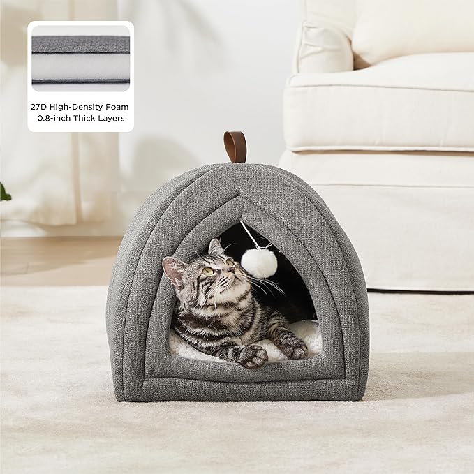 Bedsure Cat Beds for Indoor - 2 in 1 Cat Cave House Tent for Kittens and Small Pets with Removable Washable Cushioned Pillow, Foldable Kitten Hideaway with Non-Slip Bottom, Grey, 16 inches