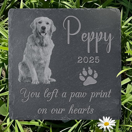 Pet Memorial Stone with Photo, Dog Memorial Gifts for Loss of Dog, Personalized Pet Memorial Gifts, Pet Loss Gift - Paw Print（Square）