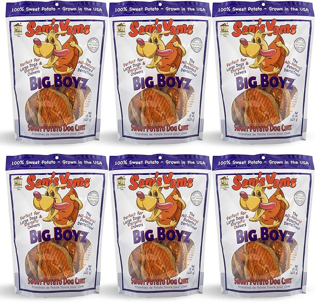 Sams Yams Sweet Potato Dog Treats, Healthy Dog Treats for Large Dogs - Sweet Potato Dog Treats Made in USA, High Fiber, Vegan Dental Chews - Big Boyz, Sweet Potato Dog Chewz, 15oz (Pack of 6)