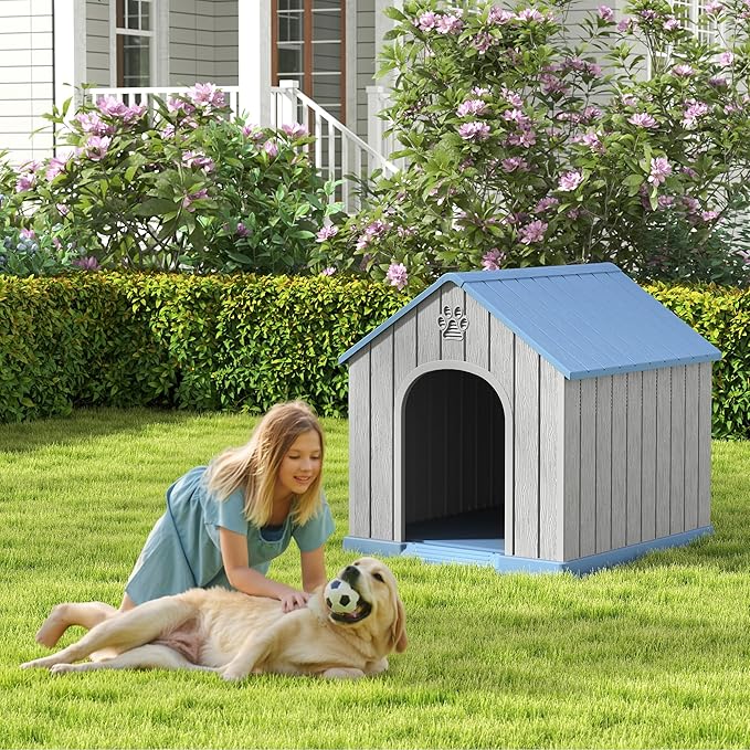 Large Dog House Outdoor Indoor for Medium Large Dogs, Durable Plastic Waterproof Doghouse with Air Vents and Elevated Floor, Easy Clean and Assemble (Classic Blue, 36.2''L×38''W×38''H)