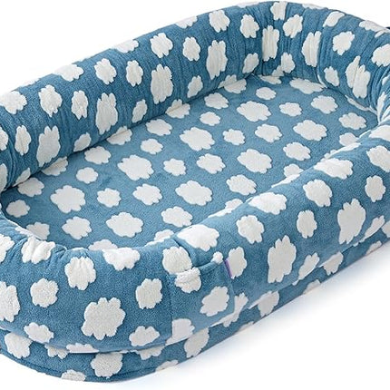 LE SURE Human Dog Bed for Adult - Calming Human Size Dog Bed with Egg Foam Supportive Mat and Storage Pocket, Cute Modern Pet Beds with Jacquard Shaggy Plush & Anti Slip Bottom 55x37x10, Blue