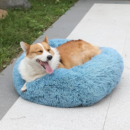 Dog Beds for Medium Dogs Washable Calming Bed for Dogs Blue Fluffy and Soft Dog Bed Anti Anxiety Faux Fur Round Medium Sized Pet Bed for Dogs