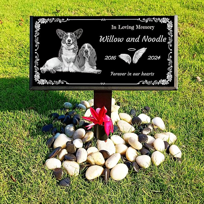 Personalized Pet Memorial Stones with Photos, Custom Engraved Black Granite Headstone, Gifts for Lost Pets