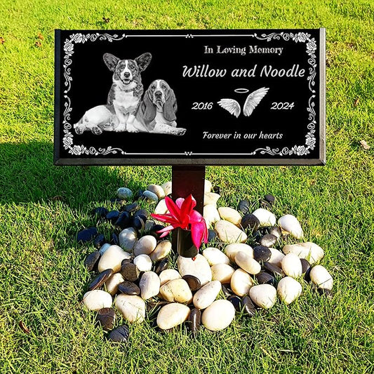 Personalized Pet Memorial Stones with Photos, Custom Engraved Black Granite Headstone, Gifts for Lost Pets