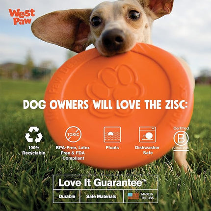 West Paw Zogoflex Zisc Durable Dog Frisbee Nearly Indestructible Flying Disc Dog Toy, 100% Guaranteed Tough, It Floats!, Made in USA, 6.5-Inch Small, Tangerine