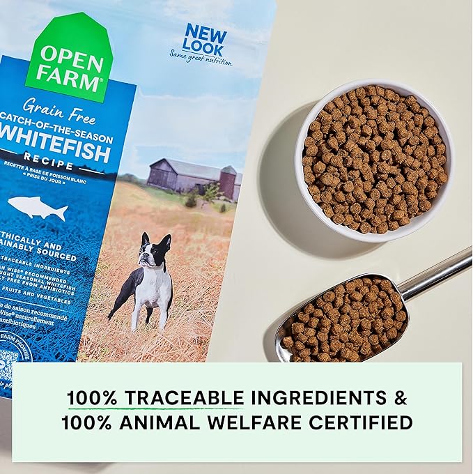 Open Farm, Grain-Free Dry Dog Food, Complete & Balanced Kibble, Sustainably & Ethically Sourced Ingredients, Non-GMO Veggies & Superfoods, Catch-of-The-Season Whitefish Recipe, 4lb Bag