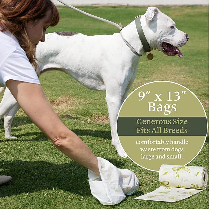 Compostable Dog Poop Bags – Lavender Scented, 120 Count | Leak-Proof, Extra Thick, Earth-Friendly | Elegant White with Green Ribbon Print | Fits Standard Dispensers by The Gardener’s Daughter