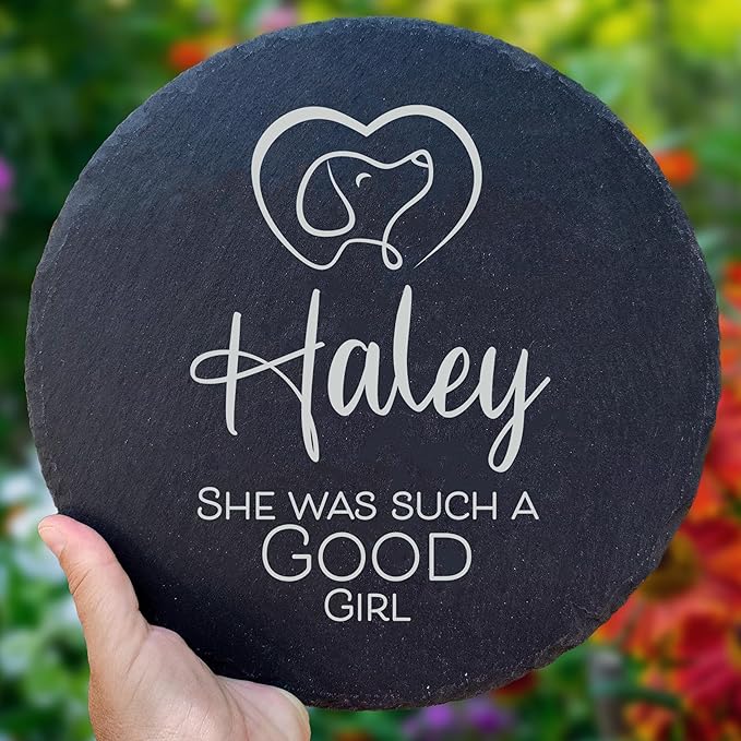 Personalized Pet Memorial Stone for Dogs and Cats | Custom Laser-Etched Weatherproof Garden Grave Marker | Natural Stone Bereavement Headstone Sympathy Gift | 4, 6, 10, or 12 Inch Heart or Circle Shape (A11)