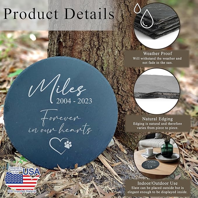 Personalized Pet Memorial Stone for Dogs and Cats | Custom Laser-Etched Weatherproof Garden Grave Marker | Natural Stone Bereavement Headstone Sympathy Gift | 4, 6, 10, or 12 Inch Heart or Circle Shape (A2)