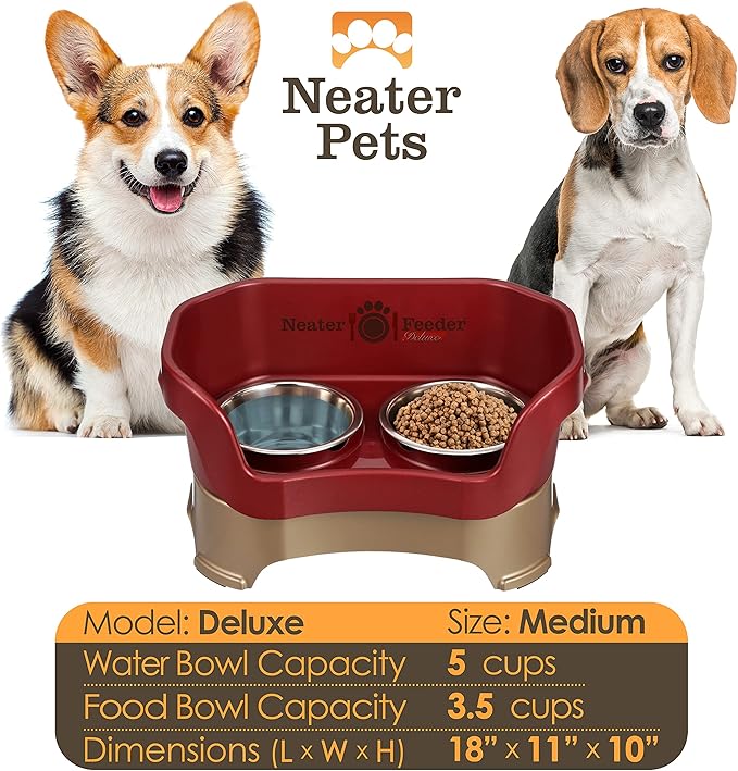 Neater Pet Brands Neater Feeder Deluxe Mess Proof Dog Bowls Elevated for Medium Dogs 19-40 lbs, Made in USA, No Spill Raised Dog Food Bowl Stand Feeding Station, Food and Water Bowl Set, Cranberry