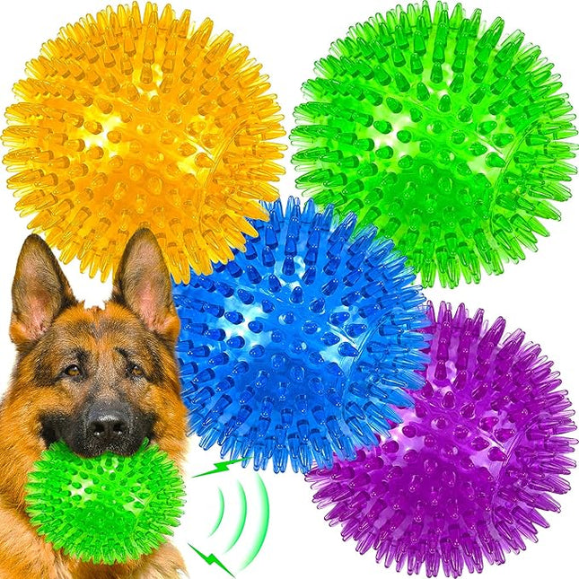 4-Pack Large Squeaky Dog Balls, 4.5" Rubber Spiky Dog Balls for Large Medium Aggressive Chewers Teeth Cleaning, Chew Toy for Training & Boredom Buster