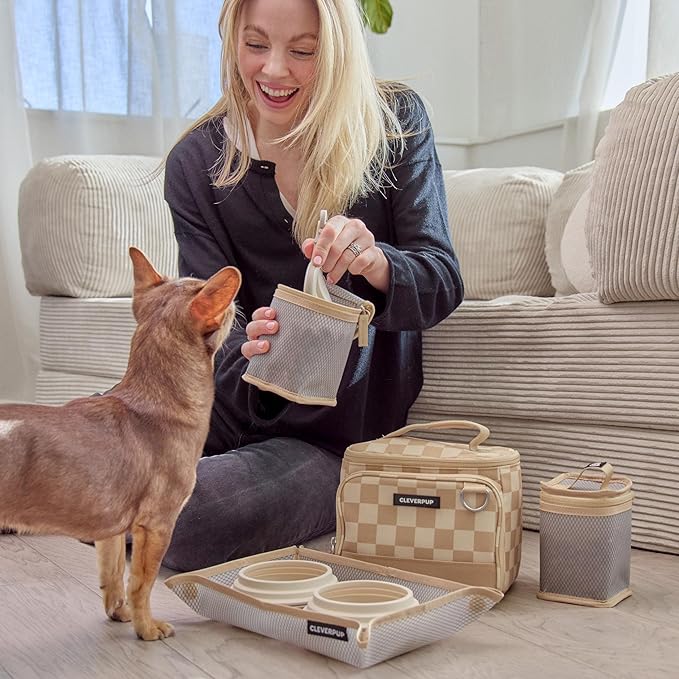 Small 7-Piece Bistro Box Dog Food Travel Kit, 6-Cup Kibble Storage, 2 Silicone Bowls, Mat & Scoop - Premium Portable Pet Food Kit for Weekends, Overnights, Daycare & Camping, Checkerboard