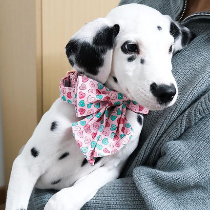 Maca Bates Valentine's Day Dog Collar with Sailor Bow for Extra Large Girl Boy Dogs,Pink Love Hearts Pattern,Adjustable Durable Soft Valentine Gift for Female Male Puppy