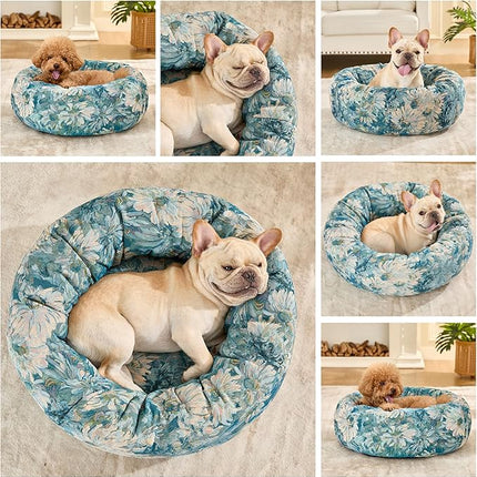 Dog Calming Beds for Small Medium Large Dogs - Round Donut Washable Puppy Dog Bed, Anti-Slip Faux Fur Fluffy Donut Cuddle Anxiety Cat Pet Bed (36" Flower)