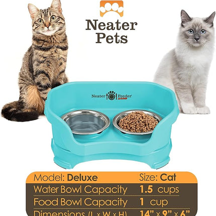 Neater Feeder Deluxe Mess Proof Cat Bowls Elevated for All Breeds – Made in USA – No Spill Raised Bowls for Indoor Cats – Stainless Steel Food and Water Bowl Set, Pet Dish Feeding Station, Aquamarine