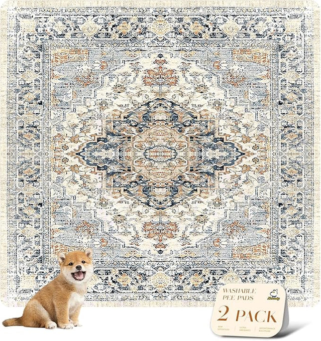 nunubaby 2PACK Washable Pee Pads for Dogs, Stylish, Non-Slip and Leak-Proof Pee Pads. Reusable Potty Pads for Dogs for Crates and Floors.(Beige/Multi, 72" x72" )