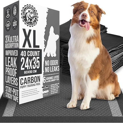 Bulldoglogy Carbon Black XL Dog Pee Pads for Extra Large Dogs with Adhesive Sticky Tape - Extra Large Charcoal Housebreaking Dog Pee Pads Disposable (24x35) (40-Count, Black)