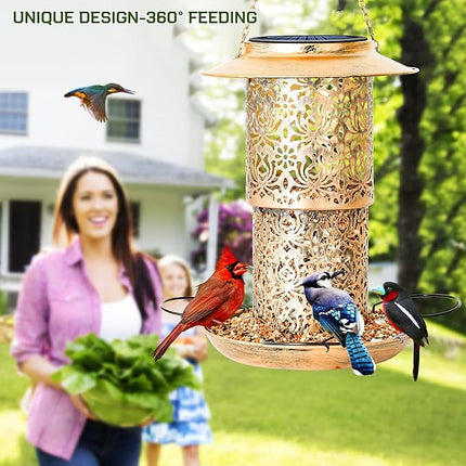 XDW-GIFTS Bird Feeder for Outdoors Solar Hanging Bird Feeder Bird House with Cardinal Feeder Large Capacity Metal Wild Bird Feeder for Garden Decor Unique Gifts & Patio Decor (Bronze, 10.5 INCH)