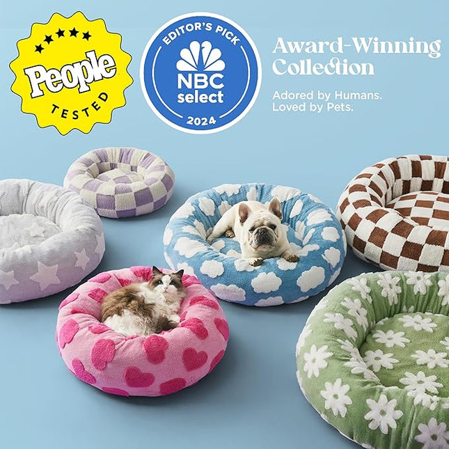 LE SURE Donut Cat Beds for Indoor Cats - Small Round Dog Bed for Calming Pets as Gift with Washable Cover, Cute Modern Puppy Beds with Jacquard Shaggy Plush & Anti Slip Bottom, 20 Inch, Blue