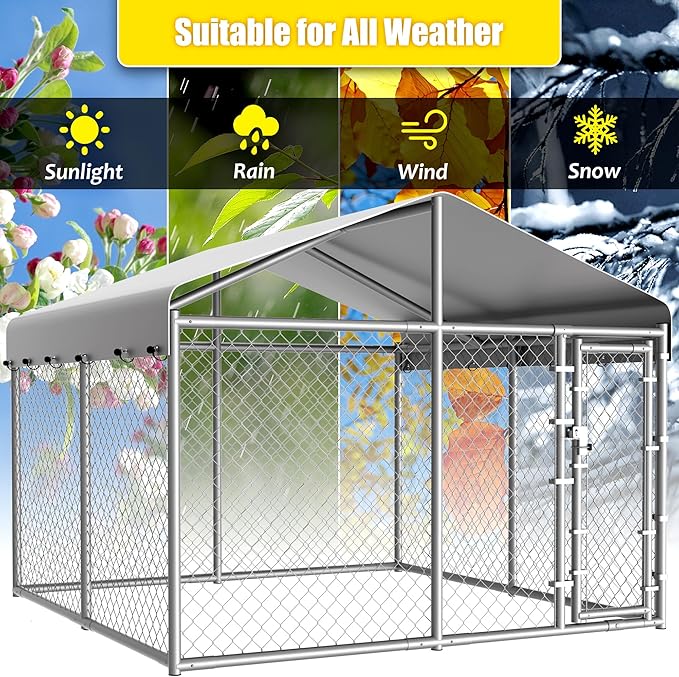 10 x 10 x 6 ft Outside Dog Kennel Outdoor Large with Roof, Enclosure with Roof, Outdoor Heavy Duty Dog Run Pens House Pet Playpen with Galvanized Chain Link