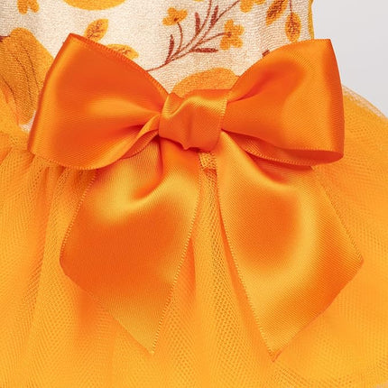 Fitwarm Pumpkin Flower Dog Dress, Thanksgiving Outfit for Small Dogs Girl, Fall Pet Outfit, Beige, Orange, XS